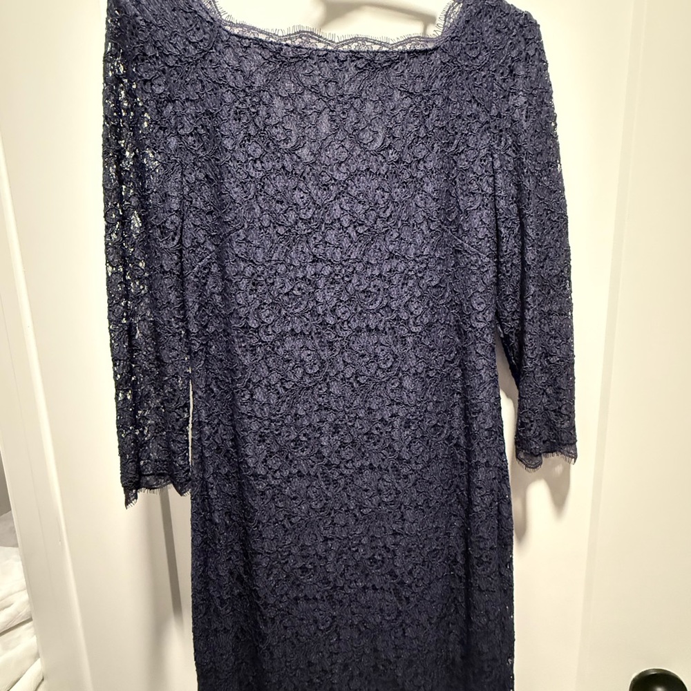 Knee Length Elegant Lace Dress in Navy Three-Quarter Sleeve